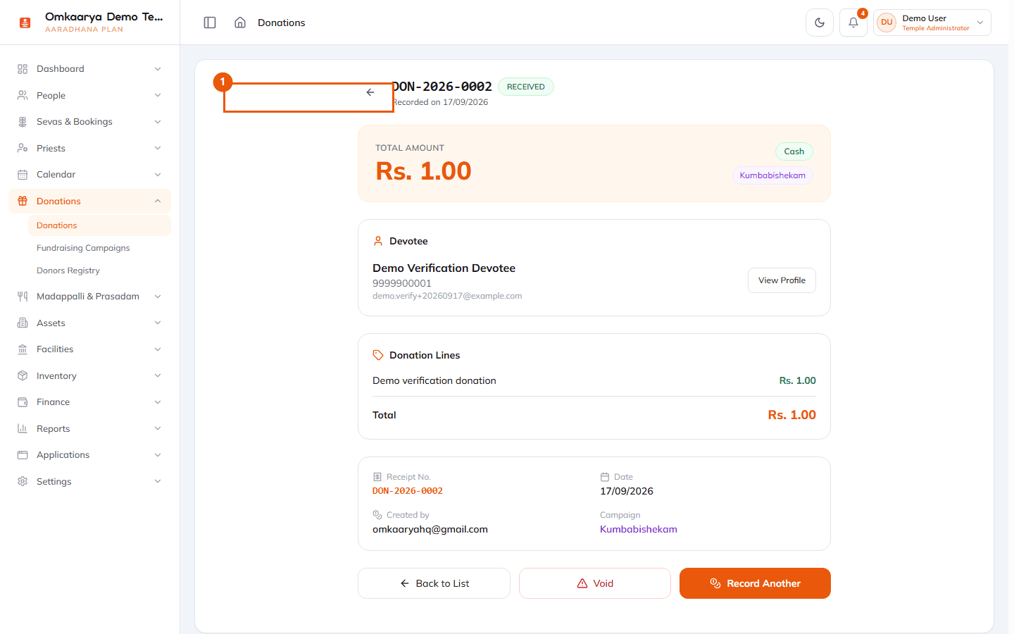 Saved donation detail with receipt number and print options