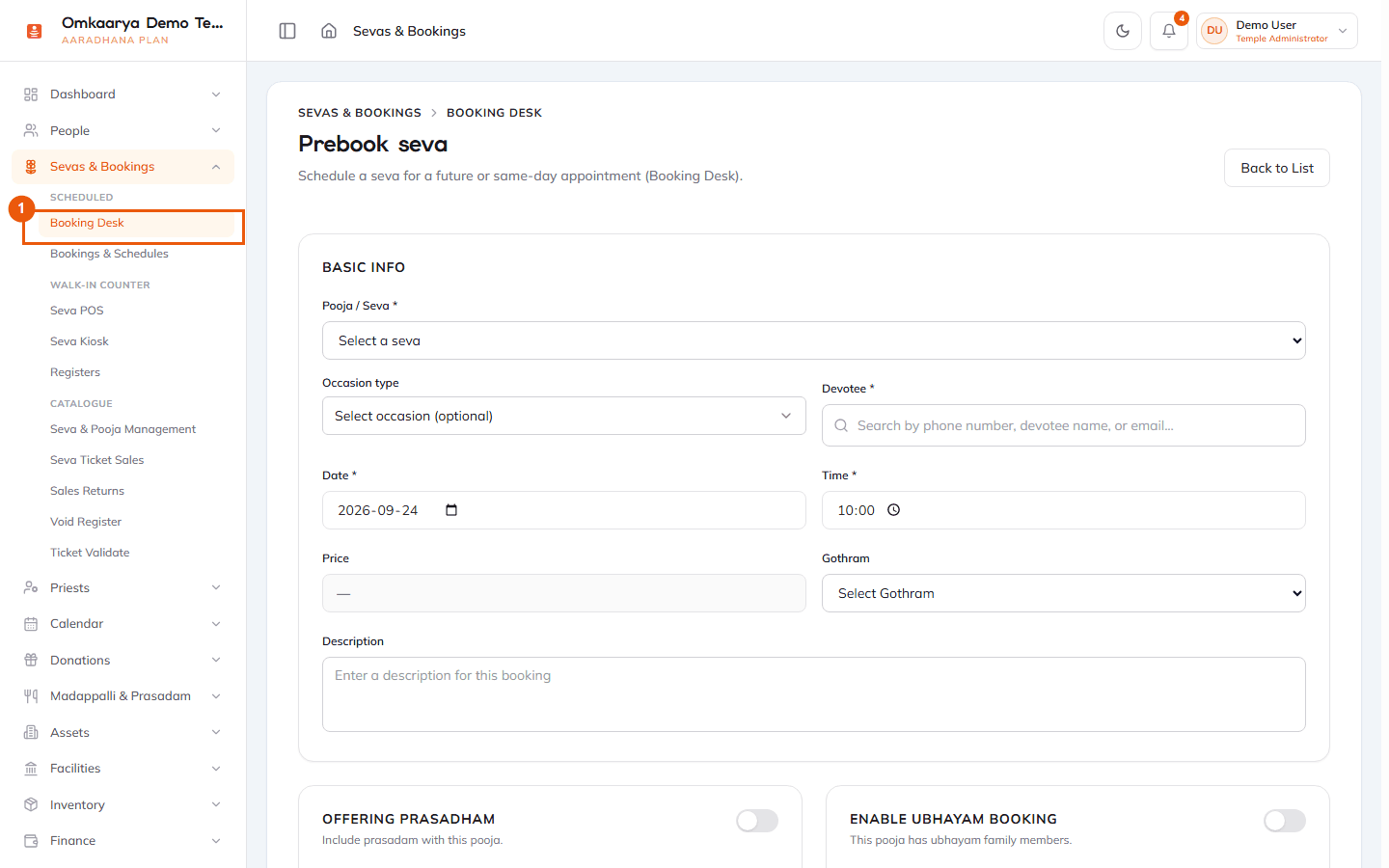 Booking Desk prebook seva screen with sidebar navigation