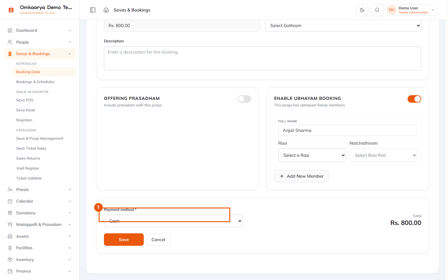 Booking Desk payment method set to Cash at checkout